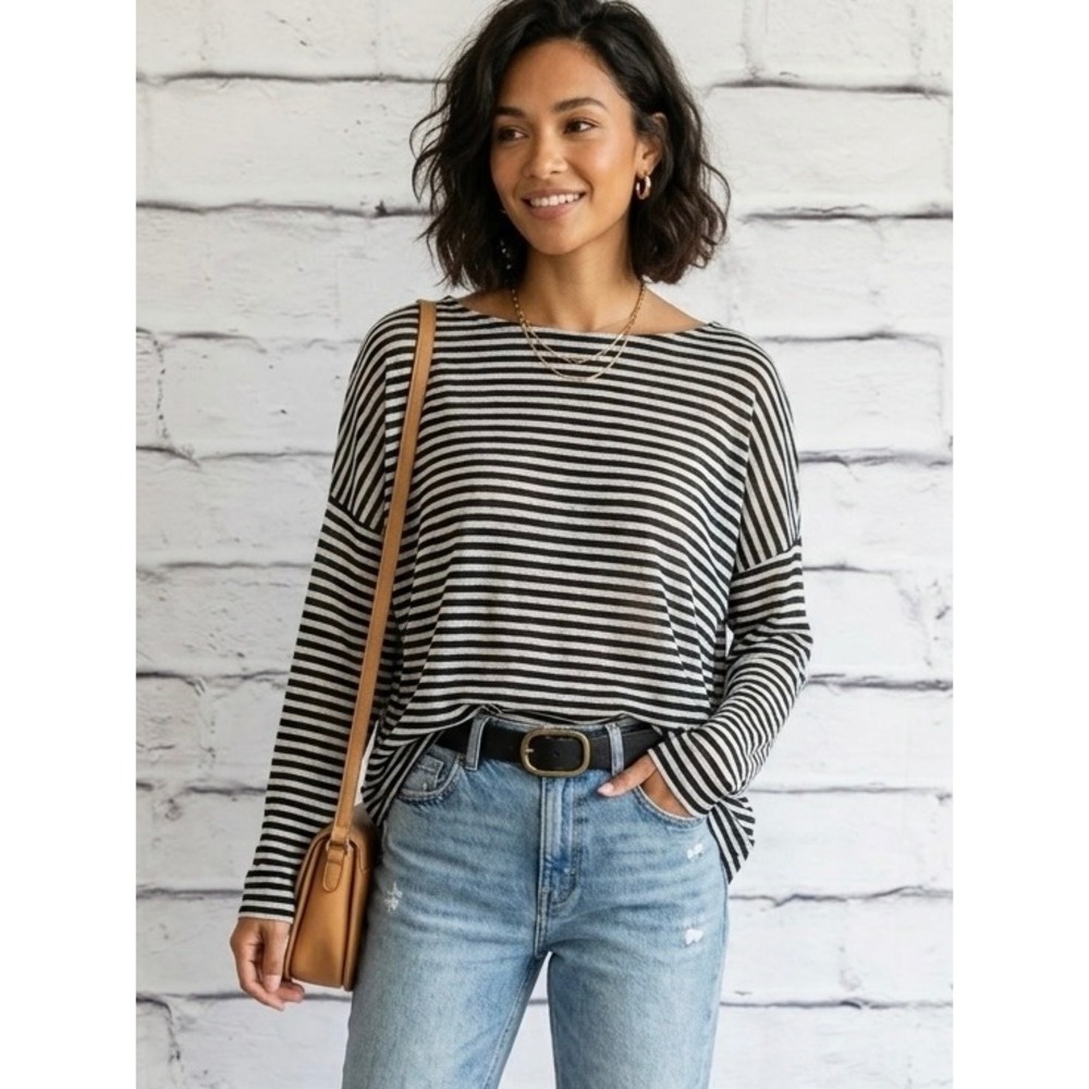 AllSaints Black White Stripe Boat Neck Top Small Oversized Minimalist